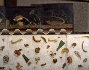 „Asarotos” (Söpöretlen padló) Harakliton által aláírt mozaiktöredékek Rómából, Kr.u. 2. század, Róma alkotó: Roman