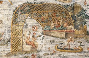Bankett a lugas alatt, részlet az egyiptomi Nílus áradásáról készült nilótikus mozaikból, a palestrinai Fortuna Primigenia szentélyből, Lazio, Olaszország, római civilizáció alkotó: Roman