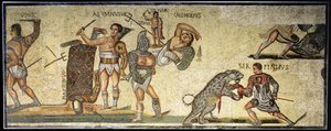 Csata gladiátorok és vadmacskák között, i.sz. 320 (mozaik) alkotó: Roman
