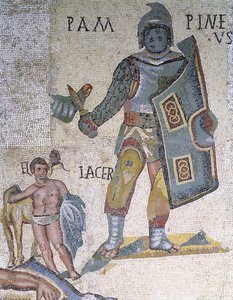 Gladiátorok közötti csata, egy tőrrel és pajzzsal felfegyverzett gladiátor részlete, i.sz. 320 (mozaik) alkotó: Roman