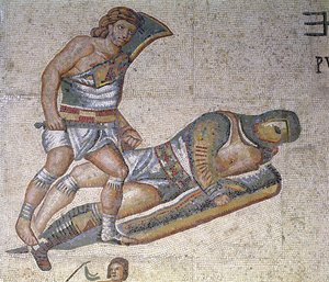 Gladiátorok közötti csata, egy gladiátor részlete, amely egy másikat a földhöz szorít, i.sz. 320 (mozaik) alkotó: Roman