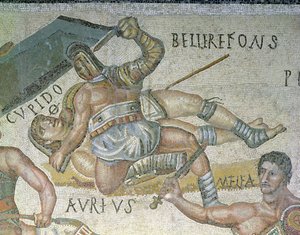 Gladiátorok közötti csata, egy gladiátor részlete, amely egy másikat a földhöz szorít, i.sz. 320 (mozaik) alkotó: Roman