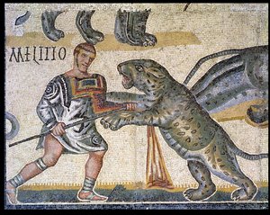 Gladiátorok csatája a vadmacskák ellen, egy vadmacskán átfutó gladiátort ábrázoló részlet, i.sz. 320 (mozaik) alkotó: Roman