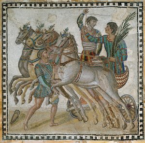 Szekér (quadriga) verseny a kocsisokkal a kiindulási pozícióban és egy vőlegénnyel a fehér ló közelében (előtérben) - Mozaik, 3. század alkotó: Roman