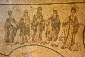 Bejárat a termába, padlómozaik, Villa Romana del Casale, Piazza Armerina, Szicília, Olaszország (fotó) alkotó: Roman