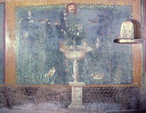 Szökőkút, maszk és madarak, Vénusz háza kagylóban, Pompei, Olaszország (freskó) alkotó: Roman