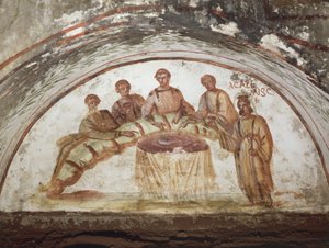 Bankett jelenetet ábrázoló freskó (freskó) alkotó: Roman