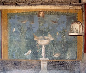Freskó szökőkúttal, maszkkal és madarakkal, Vénusz háza Shellben, Pompeii (az Unesco világörökségi listája alkotó: Roman