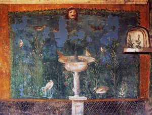 Freskó szökőkúttal, maszkkal és madarakkal, Vénusz háza kagylóban, Pompeii, Campania, Olaszország, római civilizáció alkotó: Roman