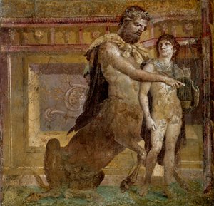 Görög mitológia: Chiron kentaur és Akhilleusz gyermeke. Freskó a Herculanum-bazilikából (Basilica di Ercolano). Római művészet Nápoly, Museo Archeologico Nazionale - Görög mitológia: Chiron kentaur és Achilles gyermeke vagy Akhilleusz nevelése, C. alkotó: Roman