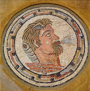 Férfifej, római mozaik az Orpheus-házból, Kr.u. 3. század (mozaik) alkotó: Roman