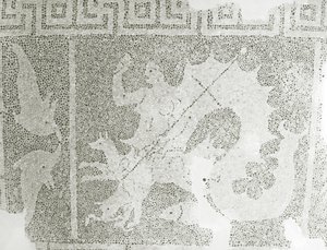 A szorost őrző Scylla és Charybdis hellenisztikus kavicsos mozaikja, Scylla részlete. Dionüszosz-ház, Paphos, Ciprus mozaikja alkotó: Roman
