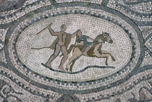 Herkules és az amazonok királynője a "Herkules háza" padlójáról (mozaik) alkotó: Roman