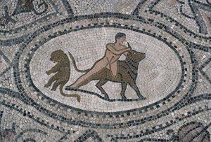 Herkules és a krétai bika a "Herkules háza" padlójáról (mozaik) alkotó: Roman