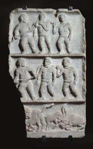 Márvány dombormű 3 regiszterrel: rabszolgák láncban és állatok, i.sz. 200 körül (márvány) alkotó: Roman