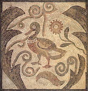 Balra néző kacsa mozaik szőlőben (kő és habarcs) alkotó: Roman