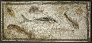 Halakat ábrázoló mozaiktábla, valószínűleg Kr. u. 3. századi alkotó: Roman