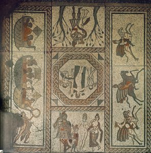 Mozaik járda a Low Ham-i római villából, Dido és Aeneas történetét illusztrálva Vergilius Aeneiséből, Kr.u. 350 körül (mozaik) alkotó: Roman