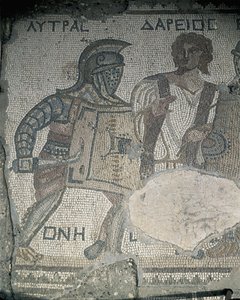 Két gladiátor festménye egy mozaikfalon, Kourion, Limassol, Ciprus alkotó: Roman