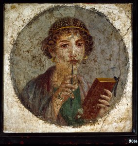 A portré Sapho (vagy sappho) görög költőnőt feltételez. Római nő könyvvel és tollal (toll vagy stílus), Pompeiből, Nápolyból, Olaszországból