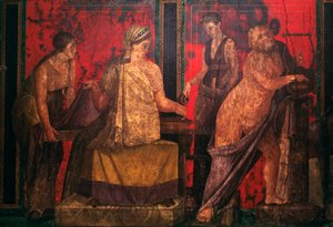 Papnő és egy lírát játszó silenus jelenet a beavatásból a dionüszoszi misztériumokhoz, a Rejtélyek Villájának Triklinium, Pompei (UNESCO Világörökségi Lista) alkotó: Roman