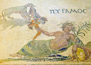 Pyramus és Thisbe, Pyramus és a leopárd részlete, Dionüszosz háza, Paphos, ciprusi mozaik alkotó: Roman