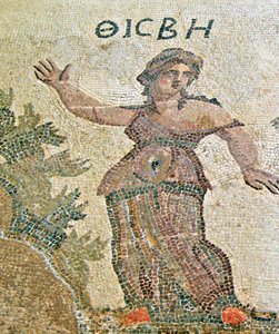 Pyramus és Thisbe, Thisbe részlete, Dionüszosz háza, Páfosz, Ciprus mozaikja alkotó: Roman