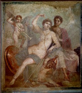 Ares és Aphrodité ábrázolása, az isten fegyvereivel játszó szerelmek kíséretében. Freskó a Villa de Marsról és a Vénuszról Pompeiben. Kr.u. 1. század. Nápolyi Régészeti Múzeum - Római művészet: Ares, Aphrodité és Erosz. Aphrodité (Vénusz) recl alkotó: Roman