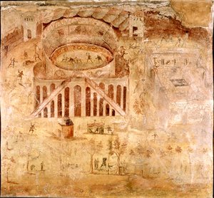 Római művészet: „” Erőszakos küzdelem Nocera lakói és a pompeiaiak között a pompei amfiteátrumban i.sz. 59-ben”” Freskó részlete. Kr.u. 1. század. Pompei oldaláról. Nápoly, Museo Archeologico Nazionale alkotó: Roman