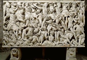 Római művészet: Ludovisi szarkofág csatajelenettel a rómaiak és a barbárok ellen - Kr.u. 3. század, dim. 153x273 cm - Róma, Museo Nazionale Romano - Ostiliano, Decius császár fia (i.sz. 201-51) lovassággal körülvéve, a rómaiak és a rómaiak közötti csatából alkotó: Roman