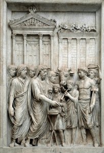Marcus Aurelius római császár áldoz a Jupiter-templom előtt, Rómában, 161-180 körül (márvány dombormű) alkotó: Roman