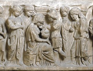 Római ókor: „Phedrus szerelmes szomorúsága, akit Hippolit taszított”” A „Phedrus és Hyppolite” nevű szarkofág alacsony domborműve”. Kr.u. 3. Palermo, Nemzeti Régészeti Múzeum alkotó: Roman