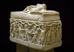 Római ókor: márvány szarkofág díszíti az oldalsó domborműveket gyermekfigurák (Ámor). Az ostiai Isola sacra nekropoliszából. Kr.u. 120-140. Homályos. 124 cm Museo Ostiense, Ostia alkotó: Roman