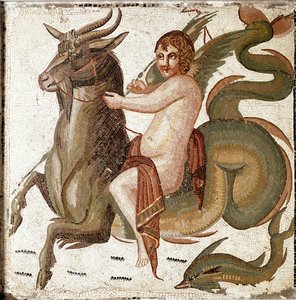 Római művészet: „Ámor tengeri élőlényen lovagolva”” Mozaik Septius Severe császár családjának villájából. 2. század vége JC után. Róma, Museo Nazionale Romano alkotó: Roman