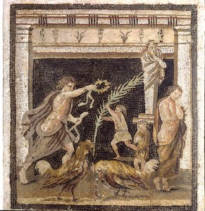 Római művészet: kakasviadal a palestrában a vereség és a győzelem megszemélyesítőinek jelenlétében. Mozaik a Pompei-i Villa du Labyrinth-ből. 2. stílus. Homályos. 46x42 cm Museo Archeologico Nazionale, Nápoly alkotó: Roman