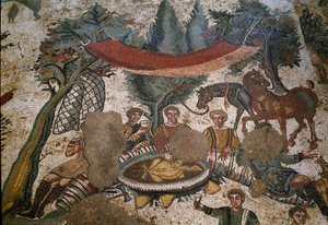 Római művészet: a mozaik részlete „” A kis vadászrész” A vadászok egy erdőben pihennek és ebédelnek. Kr.u. 315-350. Piazza Armerina, Villa Romana del Casale alkotó: Roman