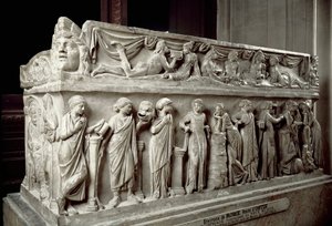Római művészet: márvány szarkofág díszíti a múzsákat és egy bankettjelenetet ábrázoló harisnyát. Ostiából. Kr.u. 120-130. Párizs, Louvre Múzeum alkotó: Roman