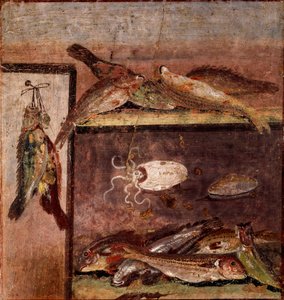 Római művészet: „” csendélet halakkal” Freskó Pompei helyéről. Kr.u. 1. század. Nápoly, Museo Archeologico Nazionale alkotó: Roman