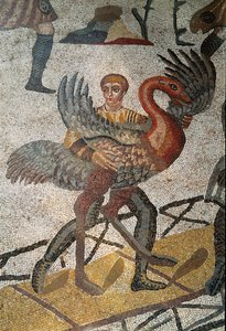 Római művészet: a struccokat hajókon szállítják Rómába. „A kis vadásztársaság” mozaikrészlete 315-350. Piazza Armerina, Villa Romana del Casale alkotó: Roman