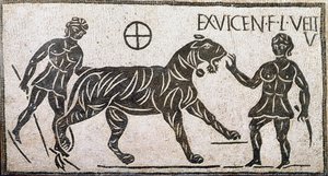 Római művészet: „” két nő megszelídít egy tigrist”” Mozaik a római Castro pretorioból. Kr.u. 1. század. Róma, Museo Nazionale Romano alkotó: Roman