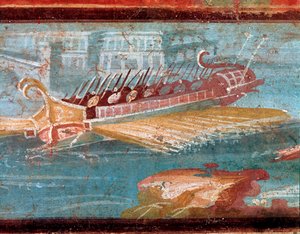 Római hadihajók egy kikötő bejáratánál (freskó alkotó: Roman