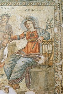 Az Apollo és Marsyas mozaik, Plinius és Apolló részlete, Aion háza, Paphos, ciprusi mozaik alkotó: Roman