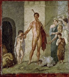 Thészeusz kiszabadítja a gyermekeket a Minotaurosztól, Gavius Rufus házából, Pompeji, 4. pompeji stílus, Kr.u. 50-79 körül.