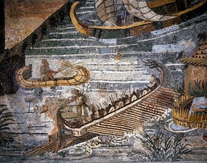 Római bireme (egyfajta galere kétsoros) Részlet egy mozaikról Palestrinában. alkotó: Roman Roman