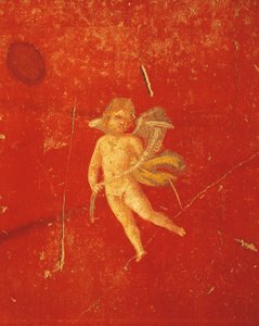 Cherub in red Pompeian background, fresco in Fourth Pompeian Style, from House of Pinario Ceriale, Pompeii , Campania, Roman Civilization alkotó: Roman Roman