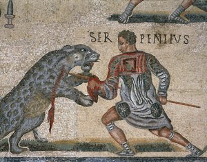 Részlet egy Gladiátorharc mozaikjáról, eredetileg a Torre Nuovából alkotó: Roman Roman