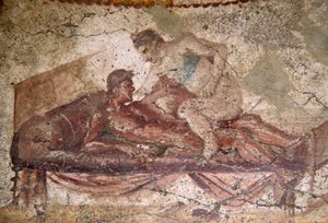 Erotikus freskó Lupanarból, Pompeiiből (UNESCO Világörökség). alkotó: Roman Roman