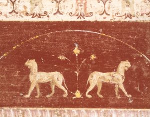 Freskódísz a Tablino teremből, Marcus Lucretius Fronto házából, Pompeiiből, Campaniából, római civilizációból alkotó: Roman Roman