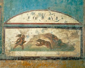 Freskó vadászjelenetet ábrázoló, az ókori vadászat házából, Pompeiiből, Campaniából, római civilizációból
