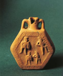 Gladiátorokat ábrázoló csípőpalack, Emilia-Romagna (kerámia) alkotó: Roman Roman